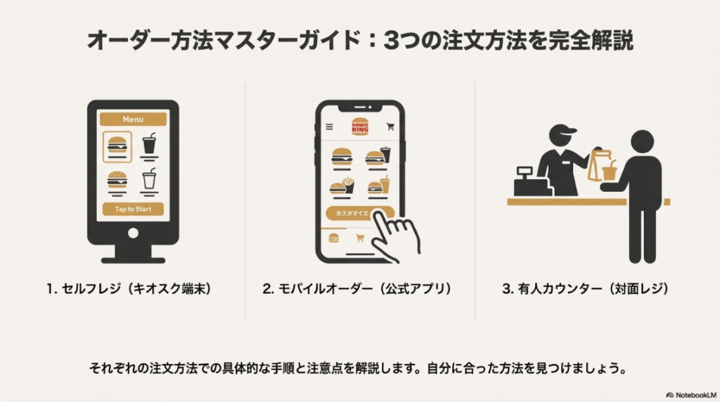 バーガーキングでの3種類のオーダー方法（セルフレジ、モバイルオーダー、有人カウンター）を示したアイコン画像