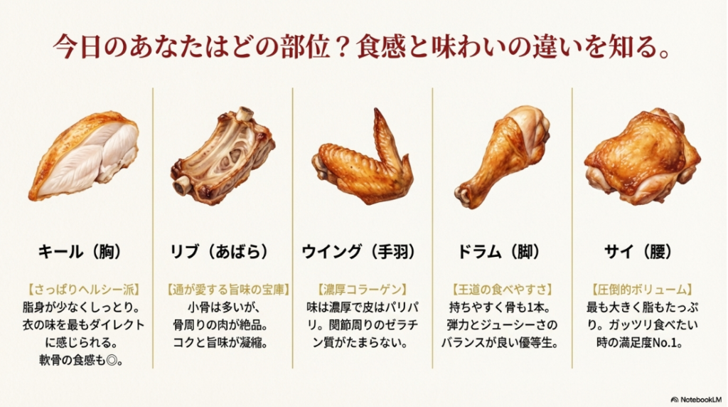 「さっぱりヘルシー派」のキールから「圧倒的ボリューム」のサイまで、各部位の味の特徴を一言でまとめた解説スライド。