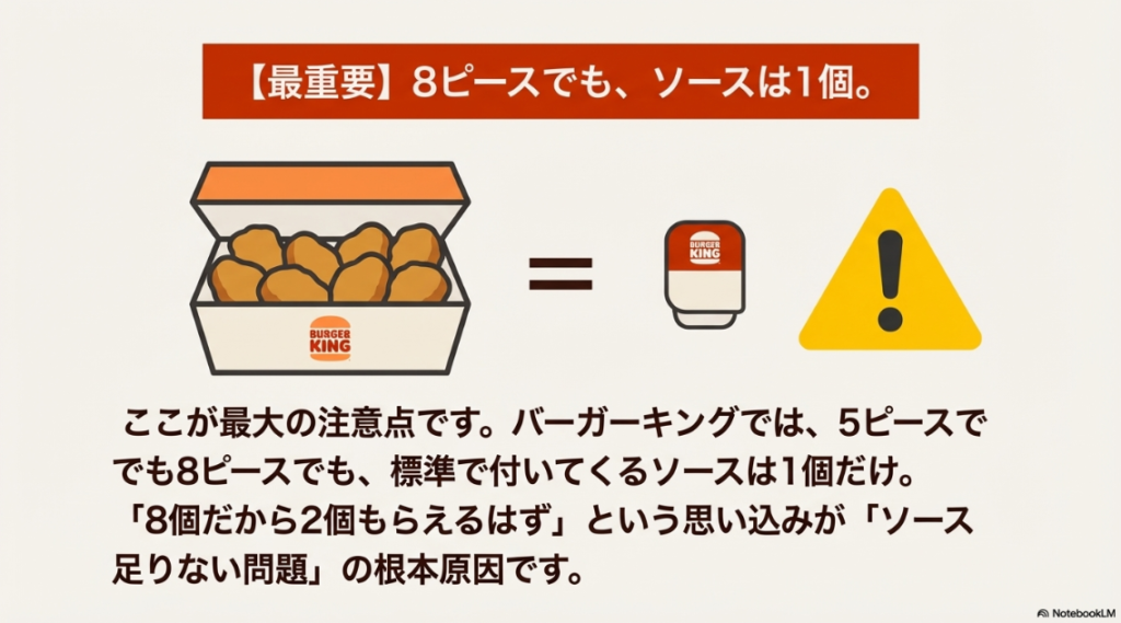 バーガーキングでは5ピースでも8ピースでも付属ソースは1個であることを強調した警告画像。
