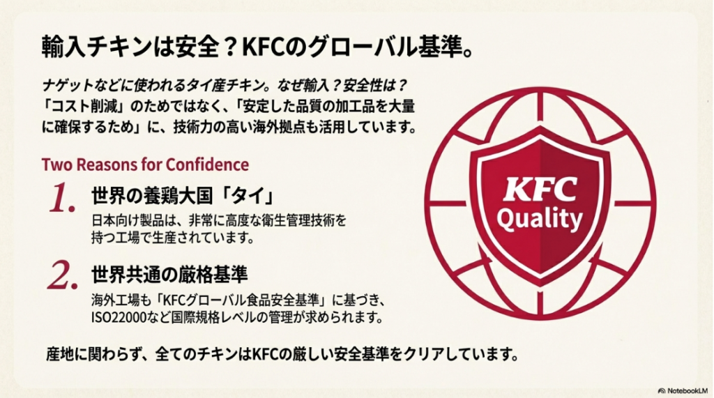 輸入チキンが安全な理由として、世界の養鶏大国タイの高い技術と、世界共通の厳格なKFC安全基準(ISO22000等)を解説したスライド。