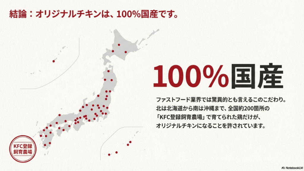 結論:オリジナルチキンは100%国産です」という文字と、北海道から沖縄まで全国約200箇所の登録農場があることを示すKFC登録飼育農場マーク。