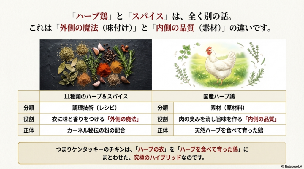 スパイスは「外側の魔法(味付け)」、ハーブ鶏は「内側の品質(素材)」であることを対比させた解説図。