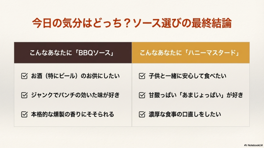 お酒に合うBBQソースと、子供にも安心なハニーマスタードソースの特徴を比較したチェックリスト表。
