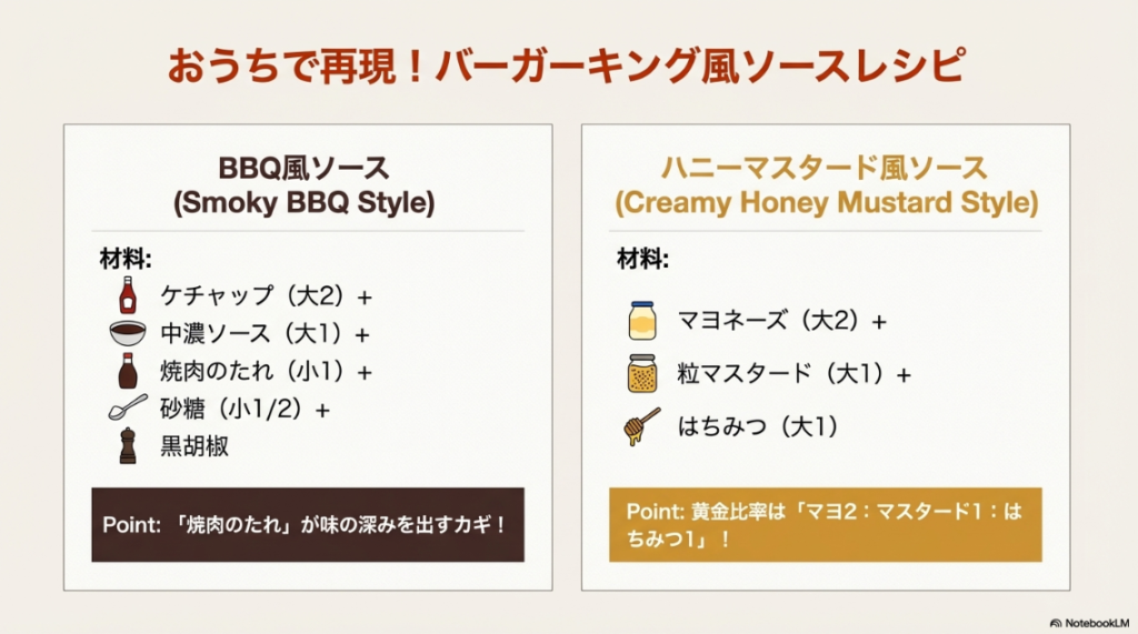 ケチャップや焼肉のたれを使ったBBQ風ソースと、マヨネーズと粒マスタードを使ったハニーマスタード風ソースの配合レシピ画像。