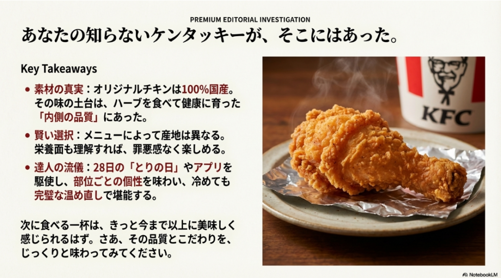 アルミホイルに乗った美味しそうなチキンの写真と共に、素材の真実、賢い選択、達人の流儀といった記事の要点を振り返るスライド。