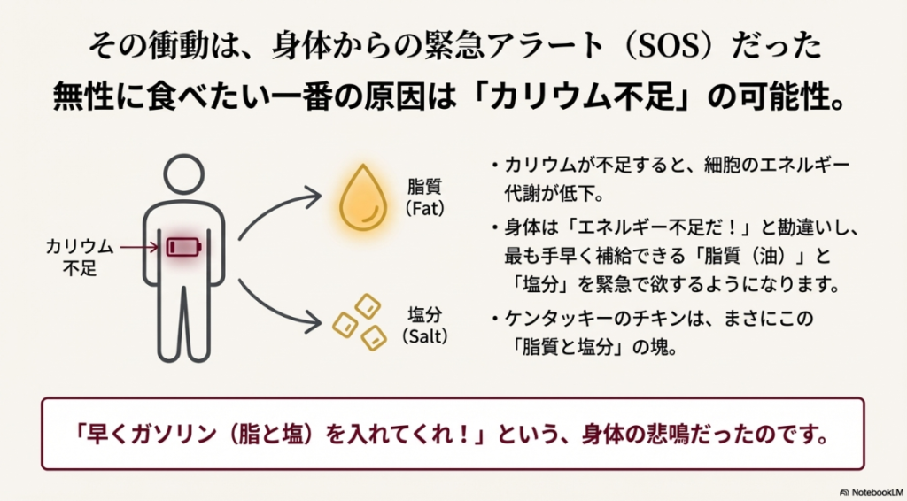 カリウム不足により身体が脂質と塩分を緊急に欲している状態を示すイラスト図解。電池切れの身体が脂質と塩分を求めている様子。