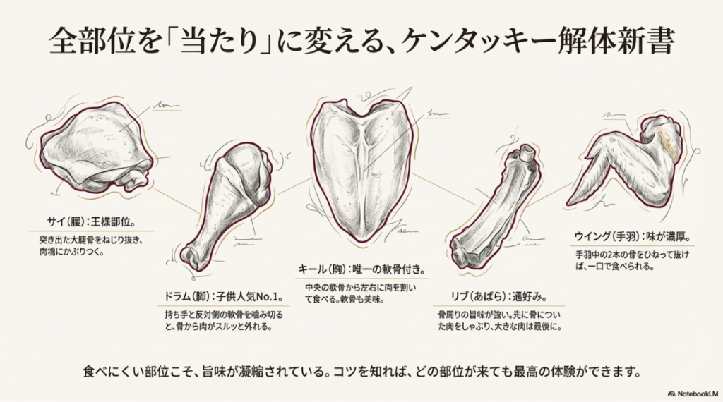 サイ、ドラム、キール、リブ、ウイングの各部位のイラストと、骨をきれいに外して食べるためのコツを図解した「解体新書」。