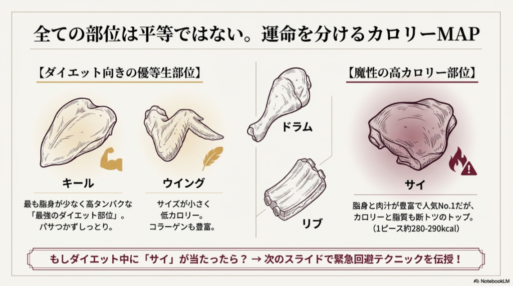キールやウイングなどの低カロリー部位と、サイなどの高カロリー部位をイラストで分類した図。