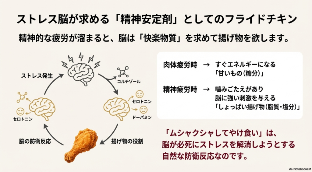 ストレスが発生すると脳がドーパミンやセロトニンを求めて、精神安定剤としてフライドチキンを欲する脳内サイクルの図解。