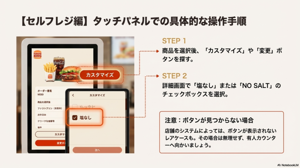 タッチパネル画面で「カスタマイズ」ボタンから「塩なし」を選択する手順を示した解説図