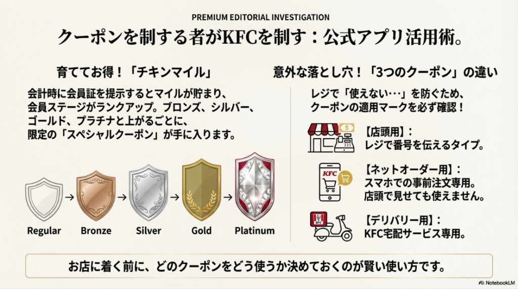 会員ランク(ブロンズ〜プラチナ)の盾のイラストと、店頭用・ネットオーダー用・デリバリー用クーポンの違いを注意喚起する図。