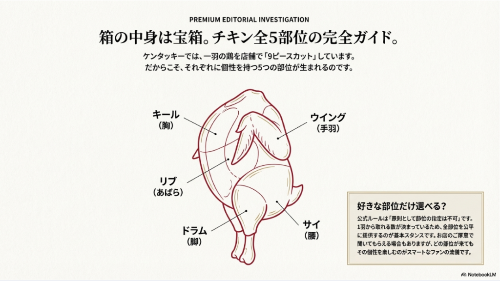 羽のイラストに、キール(胸)、ウイング(手羽)、リブ(あばら)、サイ(腰)、ドラム(脚)の場所を示した解体図。