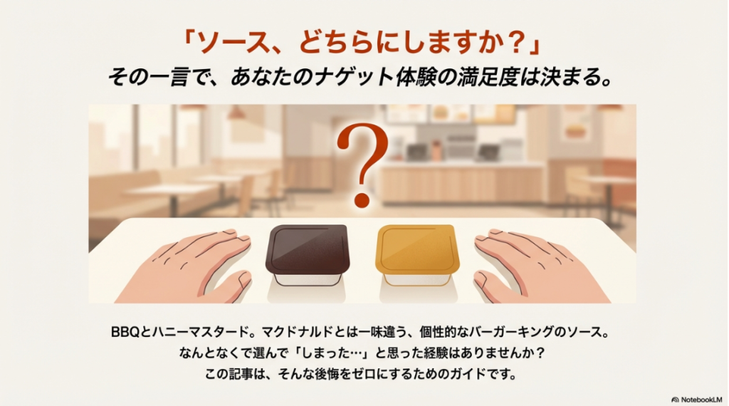 バーガーキングのカウンターで、BBQソースとハニーマスタードソースのどちらを選ぶか迷っている人物のイラスト。