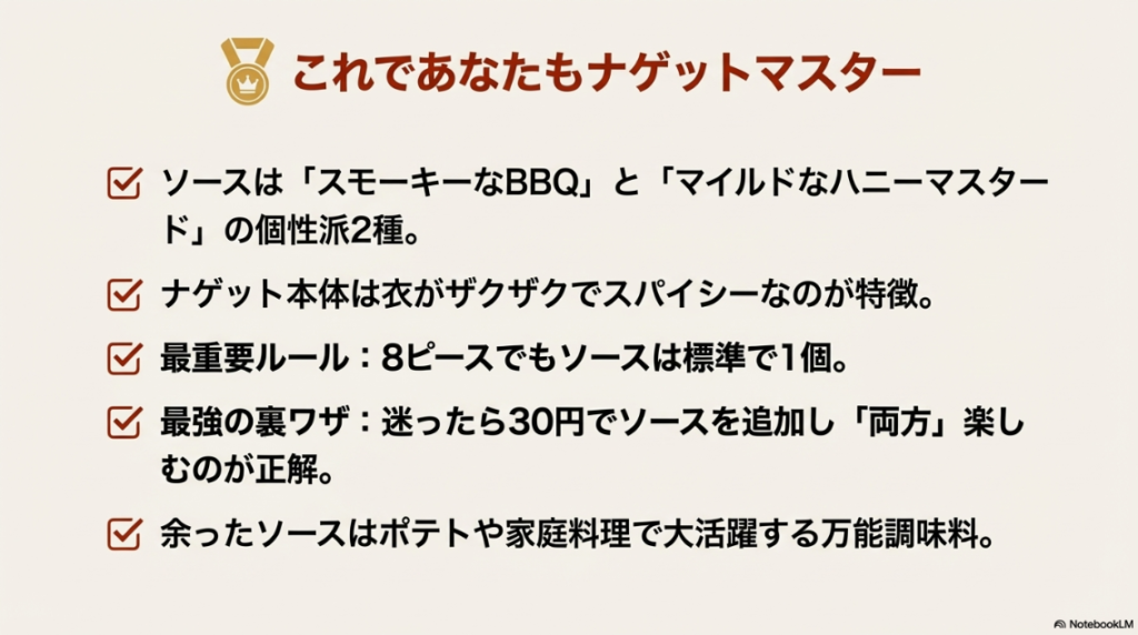 ソースの特徴、購入ルール、裏技、活用法をまとめたチェックリスト画像。