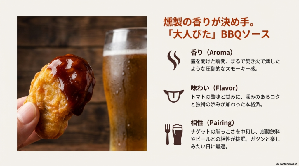BBQソースがたっぷりかかったナゲットの画像と、香り・味わい・相性の解説テキスト。