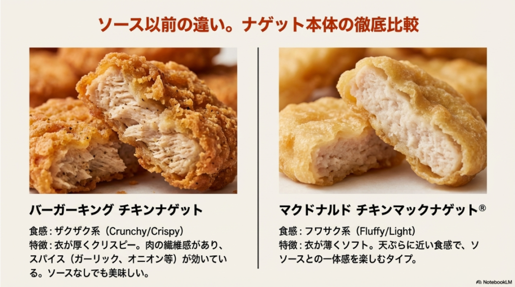 バーガーキングのザクザクした衣と肉感のある断面、マクドナルドのフワサク系の断面を比較した画像。