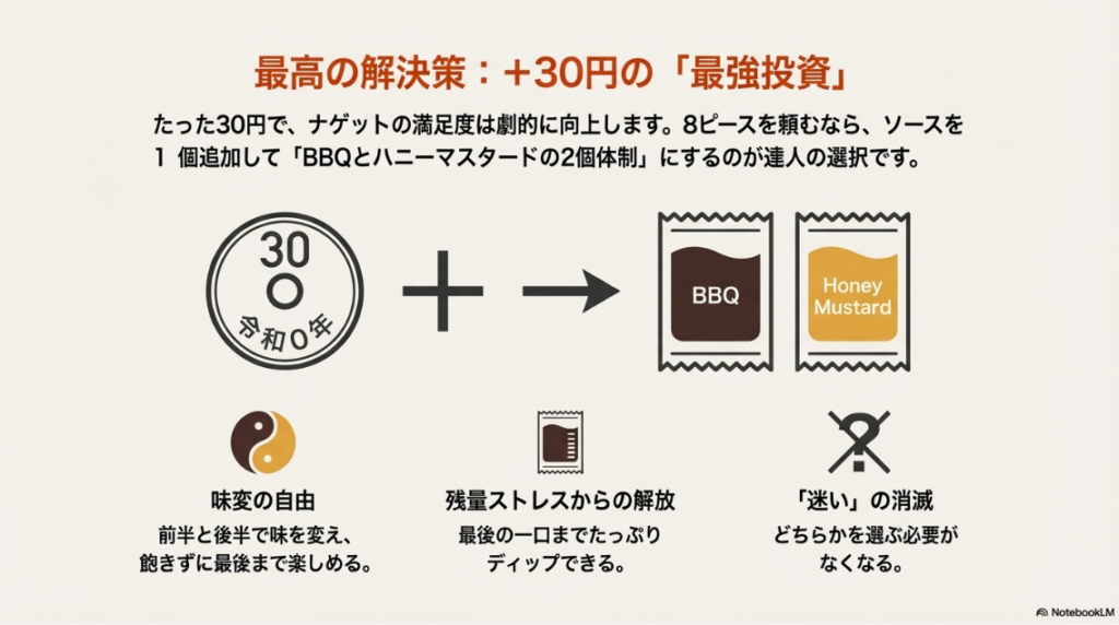30円でソースを追加することで、味変の自由や残量ストレスから解放されるメリットを図解したスライド。