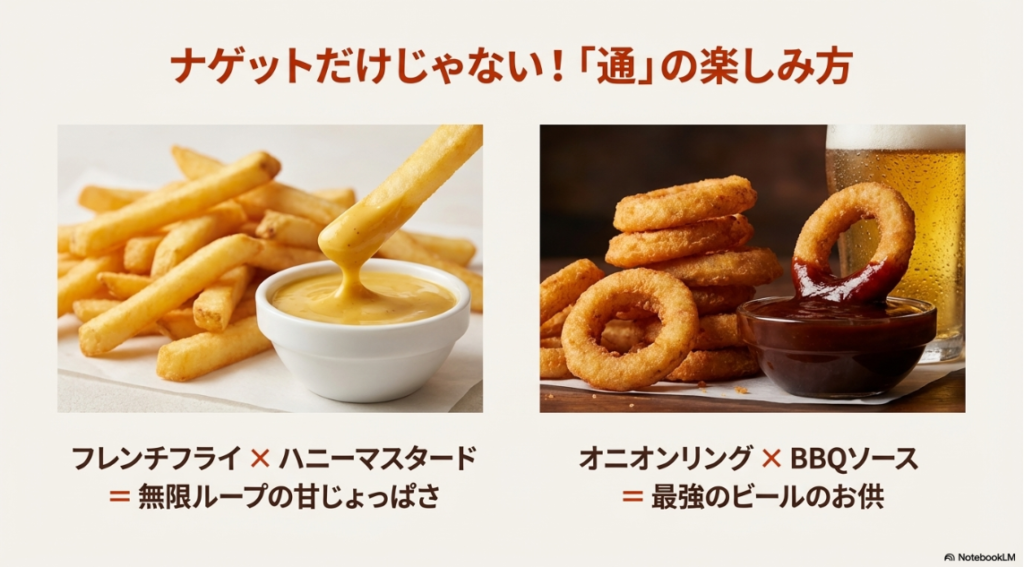 フレンチフライをハニーマスタードに、オニオンリングをBBQソースにディップしている画像。