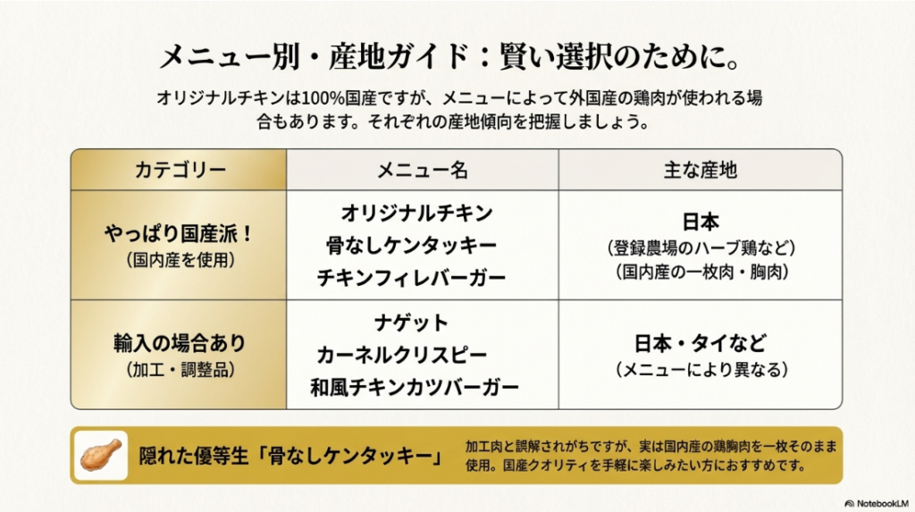 オリジナルチキンなどの「国産派」メニューと、ナゲットなどの「輸入の場合あり」メニューを分類した一覧表。