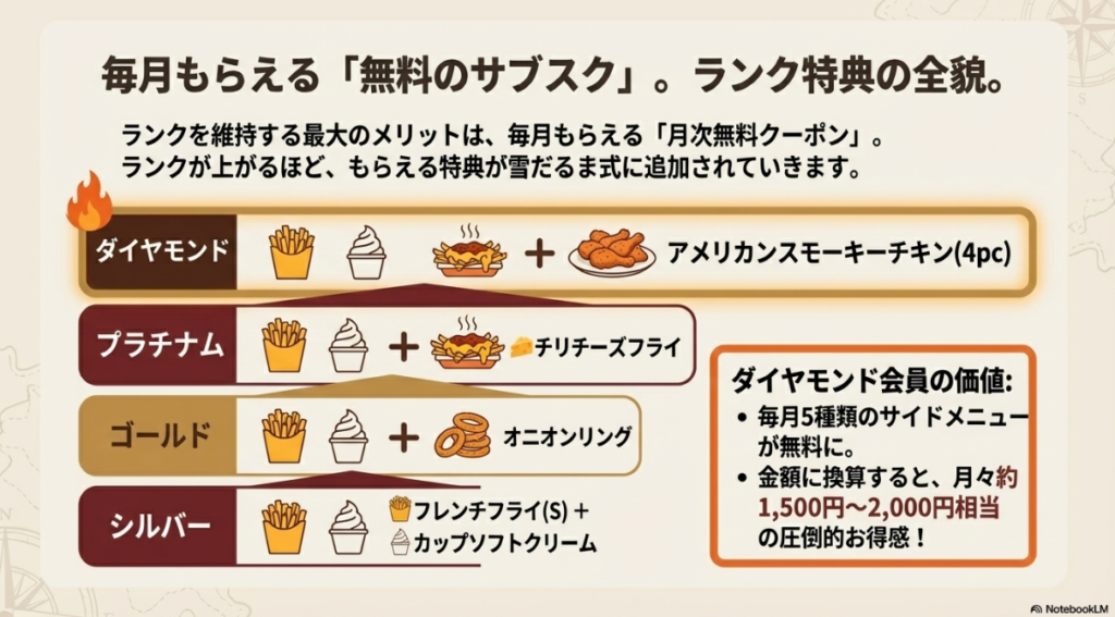 シルバーからダイヤモンドまで、ランクが上がるごとに追加される無料サイドメニューの一覧（ピラミッド図）。