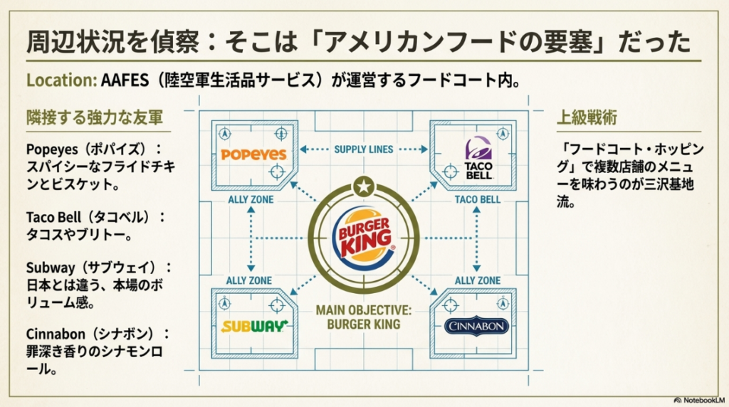 バーガーキングを中心としたフードコートの配置図。隣接するポパイズ、タコベル、サブウェイ、シナボンの位置関係を示したマップ。
