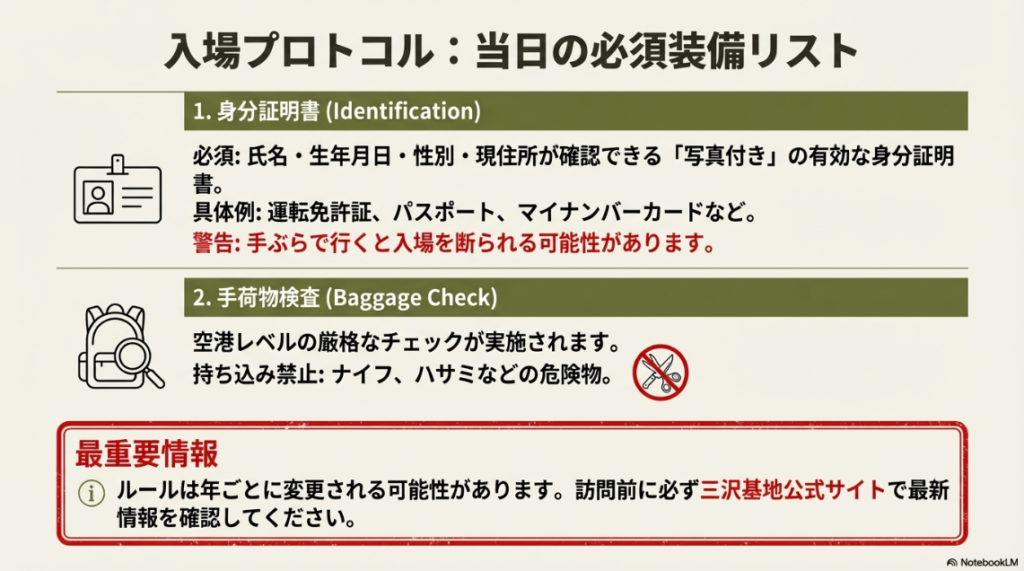 基地入場に必要な写真付き身分証明書（免許証、パスポート等）と、手荷物検査に関する注意事項をまとめたイラスト付きリスト。