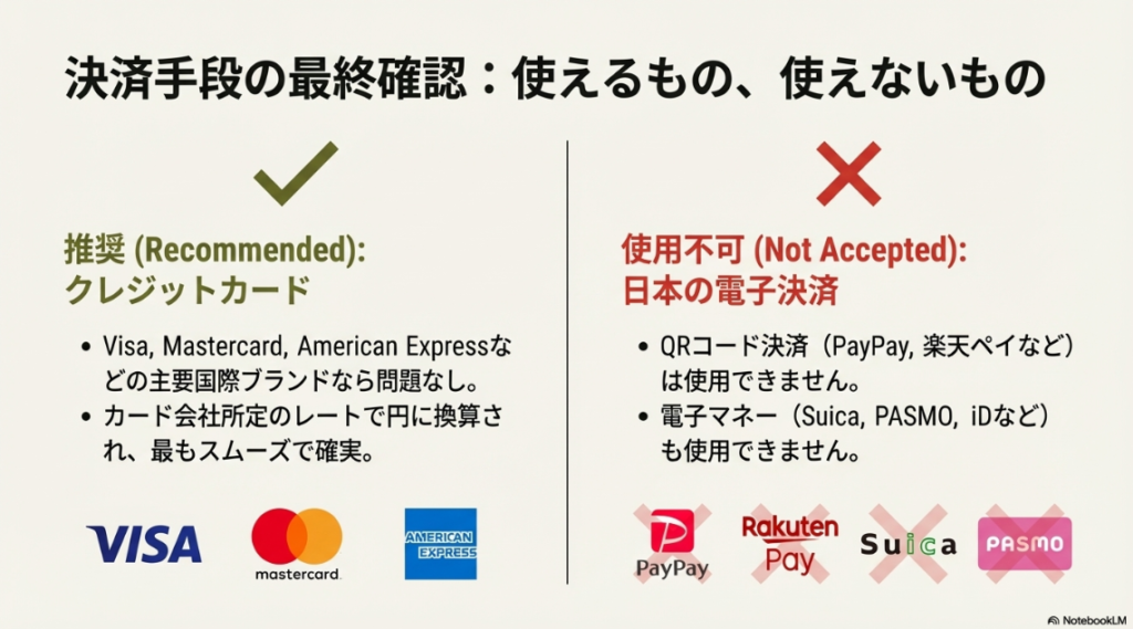 推奨されるクレジットカード（Visa, Mastercard等）と、使用不可の日本の電子決済（PayPay, Suica等）を対比させた決済手段ガイド。