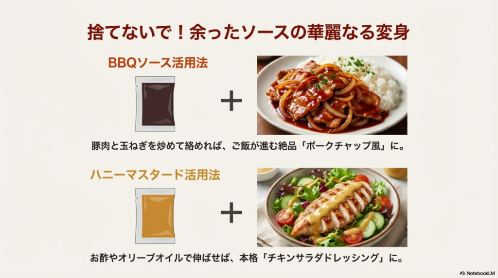 BBQソースを使ったポークチャップ風料理と、ハニーマスタードを使ったサラダドレッシングの画像。