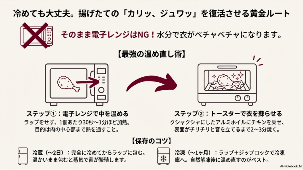 電子レンジで中を温めた後、トースターで衣をカリッとさせる手順と、冷蔵・冷凍保存のコツをまとめた解説図。