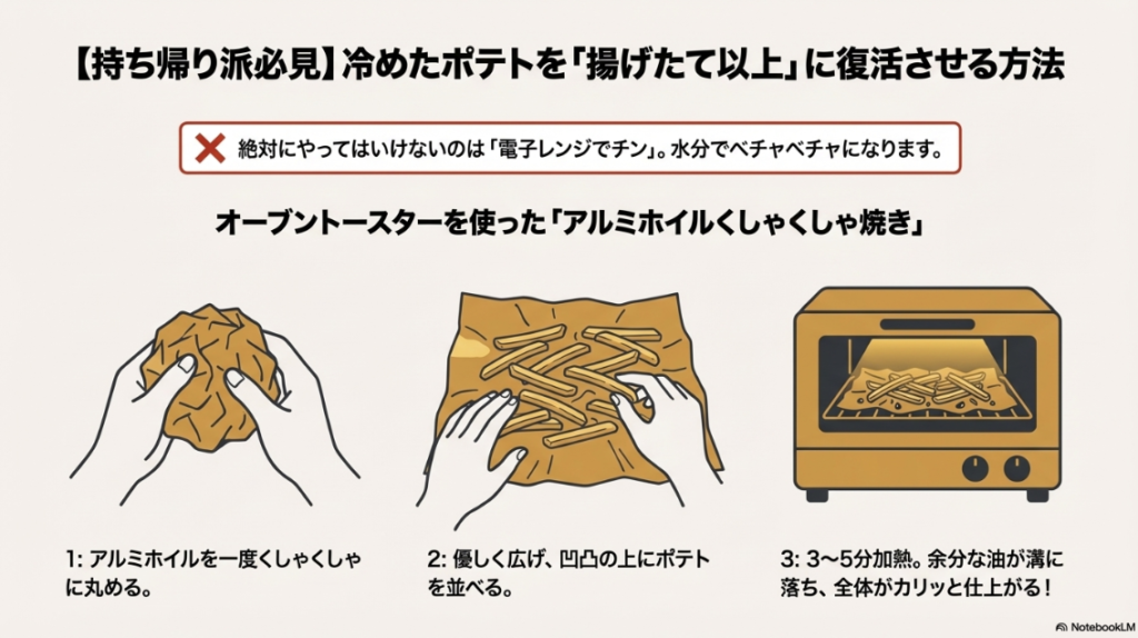 アルミホイルをくしゃくしゃにしてトースターで加熱し、油を落としてカリッとさせる方法のイラスト