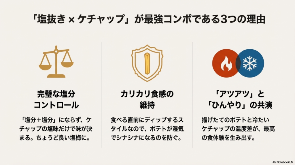 塩分コントロール、食感維持、温度差のコントラストという3つのメリットを示した図