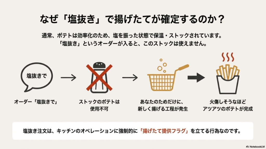ストックのポテトが使えず、新しく揚げる工程が発生する流れを解説した図解