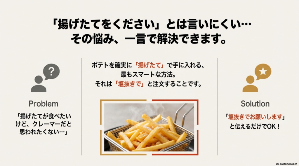 「揚げたてが欲しい」と言いにくい悩みを「塩抜き」の一言で解決するフロー図