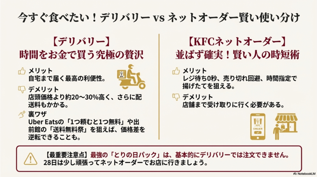 デリバリーとネットオーダーそれぞれのメリット・デメリット、価格差、および賢い使い分け方をまとめた比較表。