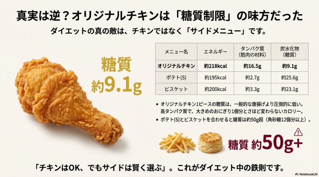 オリジナルチキンの糖質が約9.1gであるのに対し、ポテトやビスケットのセットが高糖質であることを示す比較表。
