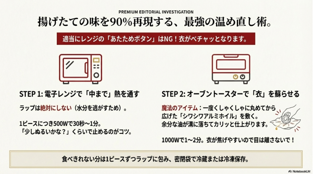 電子レンジで中まで熱を通し、オーブントースターとアルミホイルを使って衣をカリッとさせる2ステップの温め直し方を解説した図。