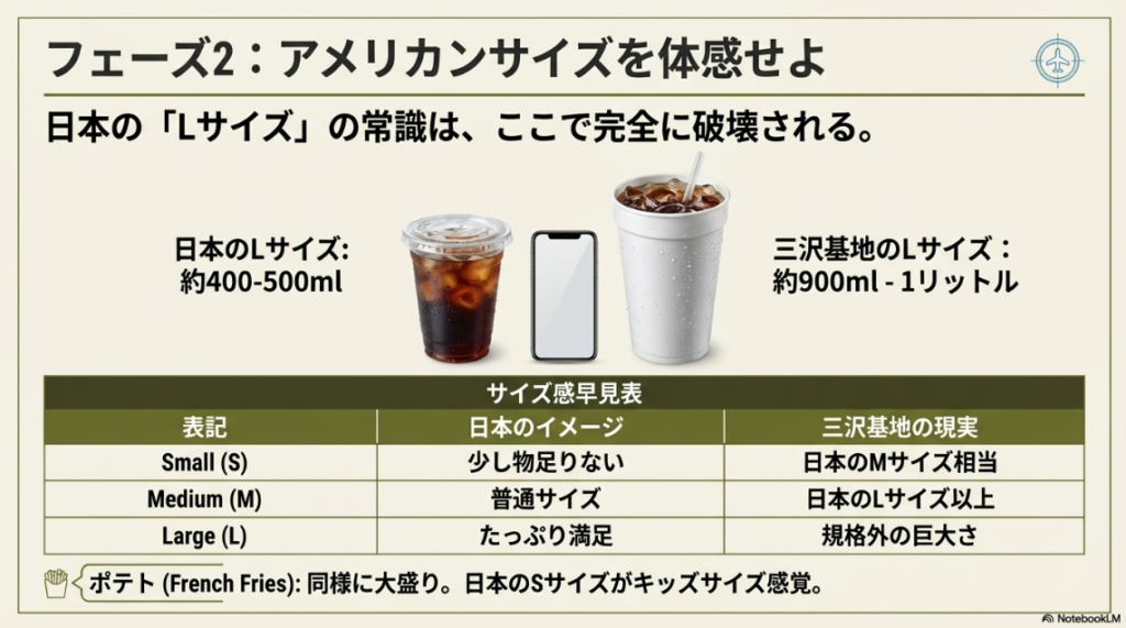 日本のサイズ感覚と三沢基地（米国規格）のサイズの違いを比較した早見表。Sが日本のM相当、Lが規格外の大きさであることを示している。