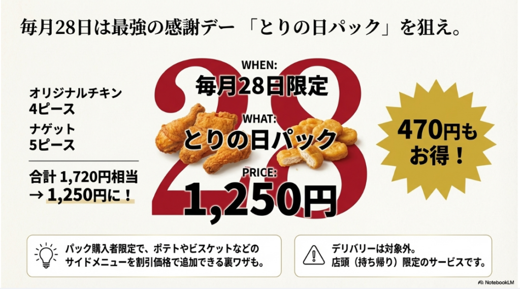 毎月28日限定でオリジナルチキン4とナゲット5のセットが1250円になり、通常価格より470円お得になることを強調したプライスカード風画像。
