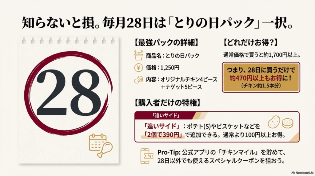 毎月28日のとりの日パックが通常価格より約470円以上お得になる計算と、ナゲットが入ったセット内容の紹介。