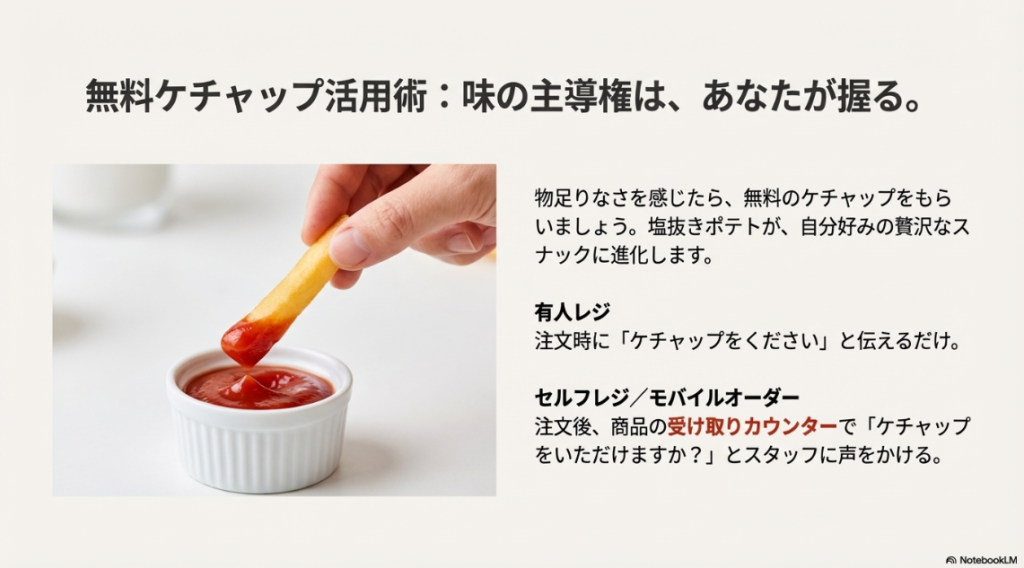ポテトをケチャップにディップしている写真と、レジやアプリでのもらい方の解説