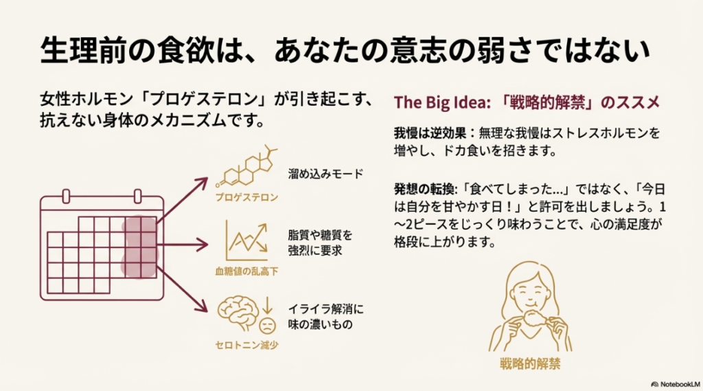 プロゲステロンによる溜め込みモードの解説と、我慢せずに戦略的に食べることで満足感を高める女性のイラスト。