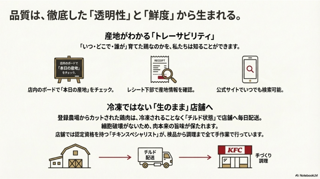 レシートや店内ボードでの産地確認方法と、農場から店舗へ冷凍せず「チルド配送」され、手づくり調理されるまでの流れ図。