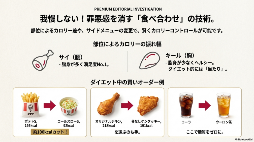 部位によるカロリー差の活用や、ポテトをコールスローに、コーラをウーロン茶に変更することでカロリーと糖質をカットする具体例。