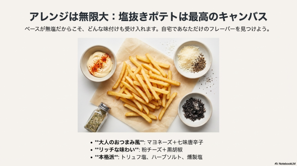 マヨネーズやスパイスなど、塩抜きポテトに合う調味料の組み合わせ例