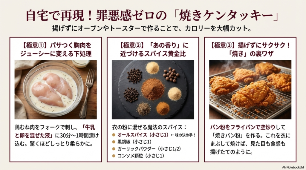 鶏むね肉を柔らかくするブライン液への漬け込み、スパイスの配合、焼きパン粉を使ったノンフライ調理の手順解説。