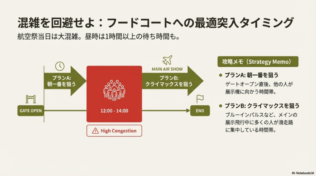 航空祭のタイムスケジュールに合わせたフードコートの混雑回避戦略。朝一番を狙うプランAと、メインの展示飛行中を狙うプランBを図解したチャート。