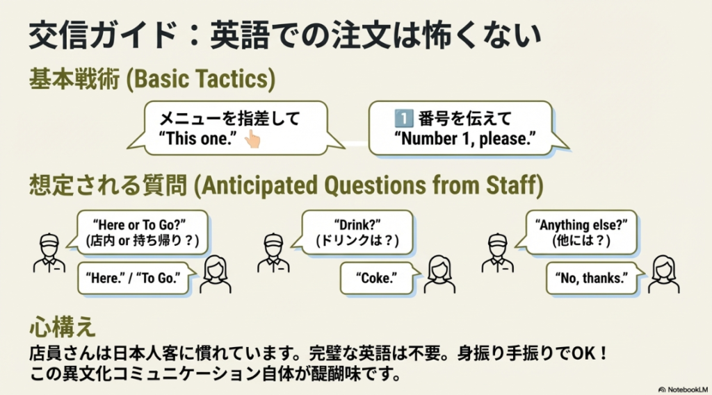 店員との英語でのやり取り（店内か持ち帰りか、ドリンクの種類など）を会話形式で解説した注文ガイドのイラスト。