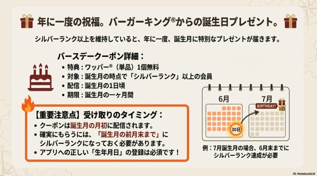誕生月の前月末までにシルバーランク以上になる必要があることを示したカレンダーの図解。
