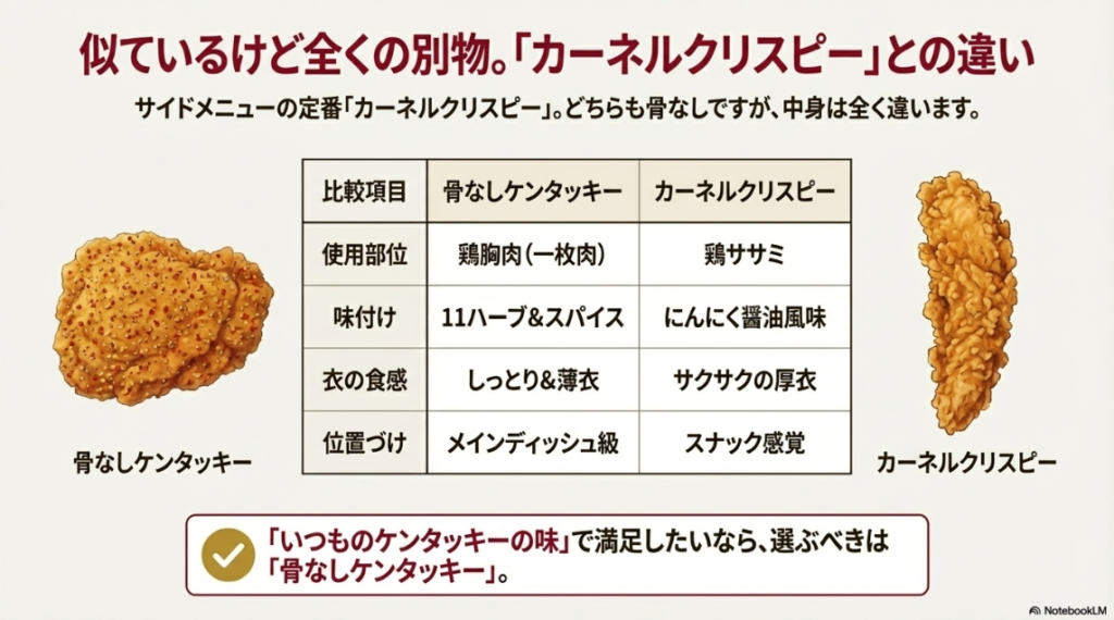 骨なしケンタッキー（胸肉・スパイス味）とカーネルクリスピー（ササミ・にんにく醤油味）の見た目と特徴の比較