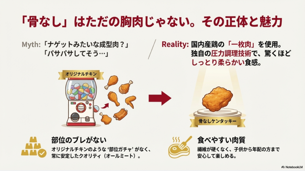 オリジナルチキンの部位ガチャと、骨なしケンタッキーの安定した胸肉の品質を比較したイラスト